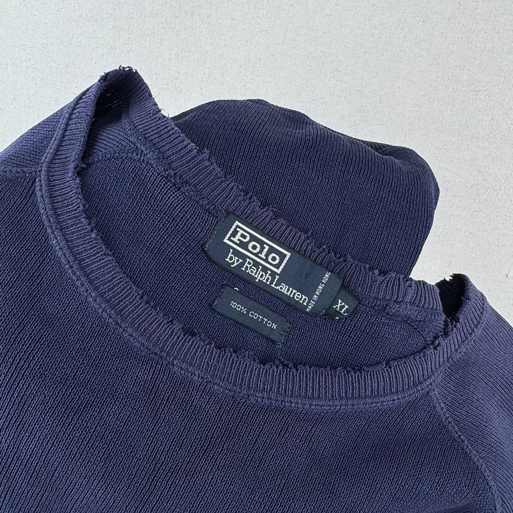 90's‎ Vtg Polo Ralph Lauren Raglan Short Sleeve Sweatshirt Blue XL *Distressed